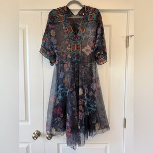 Johnny Was Elrey Kaftan Mesh Dress Navy Blue with Aztec Embroidery Size XL